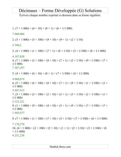 Écriture de nombres décimaux de la forme développée à la forme régulière (4 avant la virgule; 3 après) (G) page 2
