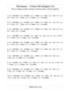 Écriture de nombres décimaux de la forme développée à la forme régulière (6 avant la virgule; 4 après)