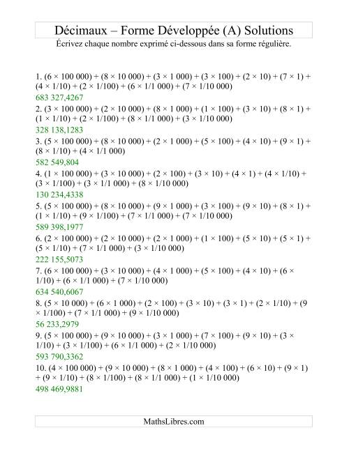 Écriture de nombres décimaux de la forme développée à la forme régulière (6 avant la virgule; 4 après) (A) page 2