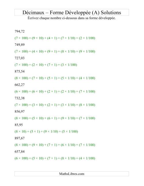Écriture de nombres décimaux en forme développée (3 avant la virgule; 2 après) (A) page 2