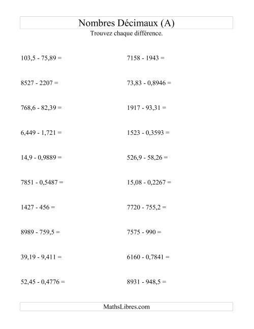 Soustraction horizontale de nombres décimaux (4 décimales) (A)
