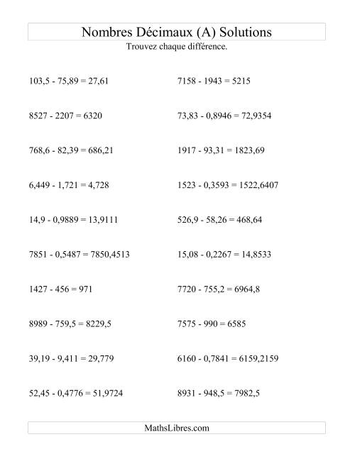 Soustraction horizontale de nombres décimaux (4 décimales) (A) page 2