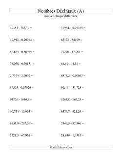 Soustraction horizontale de nombres décimaux (5 décimales)
