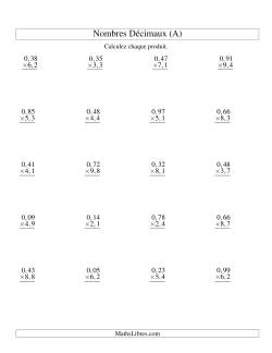 Multiplication de nombres décimaux -- Centièmes 2-chiffres × dixièmes 2-chiffres