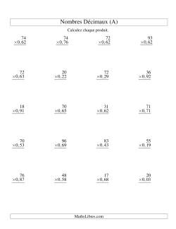 Multiplication de nombres décimaux -- Entiers 2-chiffres × centièmes 2-chiffres