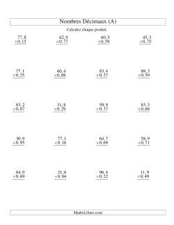 Multiplication de nombres décimaux -- Dixièmes 3-chiffres × centièmes 2-chiffres