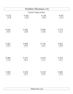 Multiplication de nombres décimaux -- Millièmes 3-chiffres × dixièmes 2-chiffres