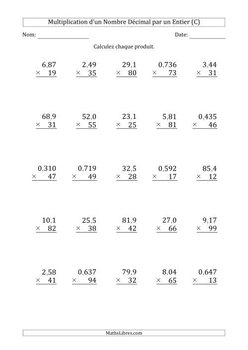Multipication de Divers Nombres Décimaux par un Nombre Entier à 2 Chiffres (C)