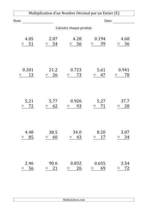 Multipication de Divers Nombres Décimaux par un Nombre Entier à 2 Chiffres (E)