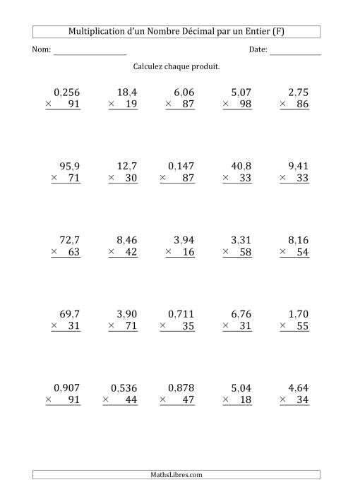 Multipication de Divers Nombres Décimaux par un Nombre Entier à 2 Chiffres (F)