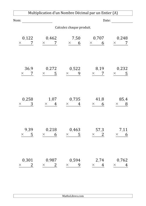 Multipication de Divers Nombres Décimaux par un Nombre Entier à 1 Chiffre (A)