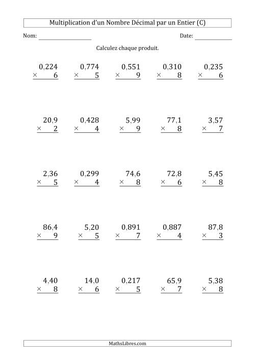 Multipication de Divers Nombres Décimaux par un Nombre Entier à 1 Chiffre (C)