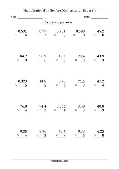 Multipication de Divers Nombres Décimaux par un Nombre Entier à 1 Chiffre (J)