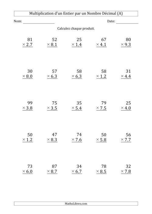 Multipication d'un Nombre Entier à 2 Chiffres par un Nombre à 2 Chiffres des Centièmes (A)