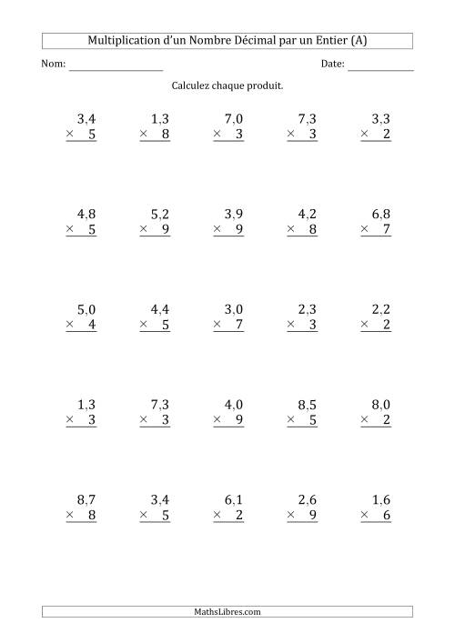 Multipication d'un Nombre à 2 Chiffres des Dixièmes par un Nombre Entier à 1 Chiffre (Tout)