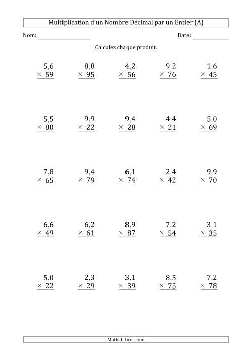 Multipication d'un Nombre à 2 Chiffres des Dixièmes par un Nombre Entier à 2 Chiffres (A)