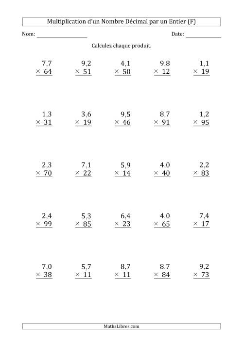 Multipication d'un Nombre à 2 Chiffres des Dixièmes par un Nombre Entier à 2 Chiffres (F)