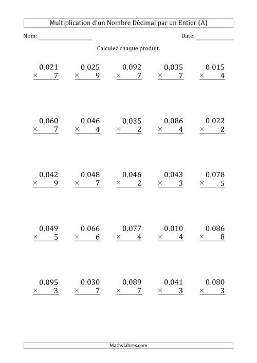 Multipication d'un Nombre à 2 Chiffres des Millièmes par un Nombre Entier à 1 Chiffre (A)