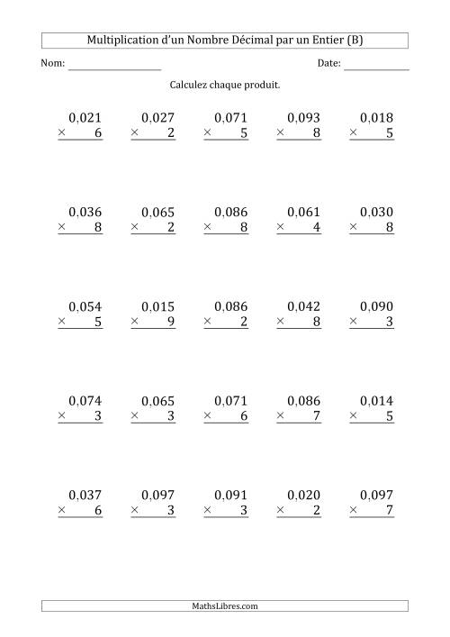 Multipication d'un Nombre à 2 Chiffres des Millièmes par un Nombre Entier à 1 Chiffre (B)