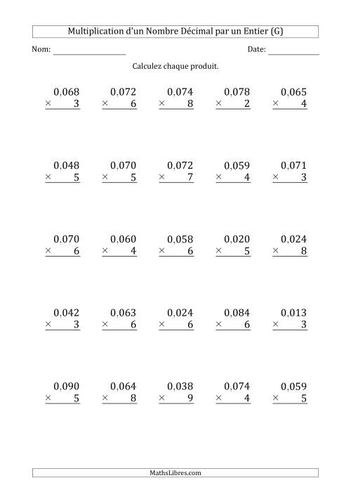 Multipication d'un Nombre à 2 Chiffres des Millièmes par un Nombre Entier à 1 Chiffre (G)