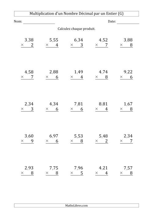 Multipication d'un Nombre à 3 Chiffres des Centièmes par un Nombre Entier à 1 Chiffre (G)