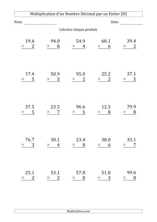 Multipication d'un Nombre à 3 Chiffres des Dixièmes par un Nombre Entier à 1 Chiffre (H)