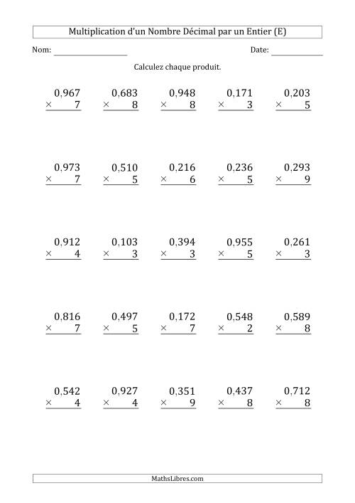 Multipication d'un Nombre à 3 Chiffres des Millièmes par un Nombre Entier à 1 Chiffre (E)