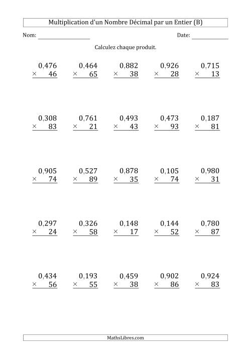 Multipication d'un Nombre à 3 Chiffres des Millièmes par un Nombre Entier à 2 Chiffres (B)