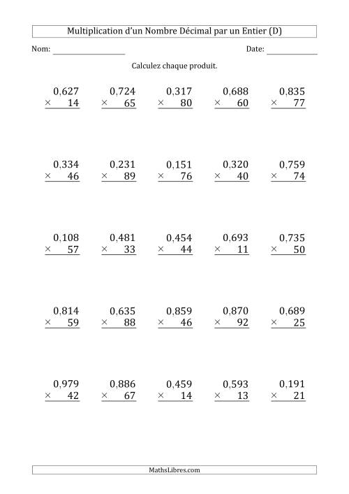 Multipication d'un Nombre à 3 Chiffres des Millièmes par un Nombre Entier à 2 Chiffres (D)
