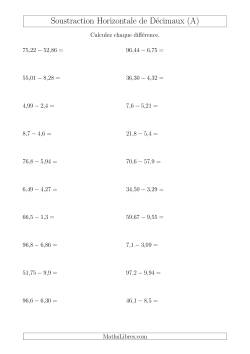 Soustraction Horizontale de Nombres Décimaux Ayant Jusqu'à Deux Chiffres Avant et Après la Virgule