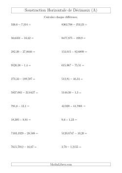 Soustraction Horizontale de Nombres Décimaux Ayant Jusqu'à Quatre Chiffres Avant et Après la Virgule