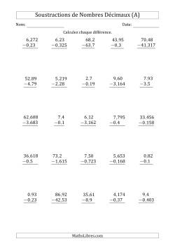 Soustraction de Divers Nombres Décimaux Jusqu'aux Millièmes