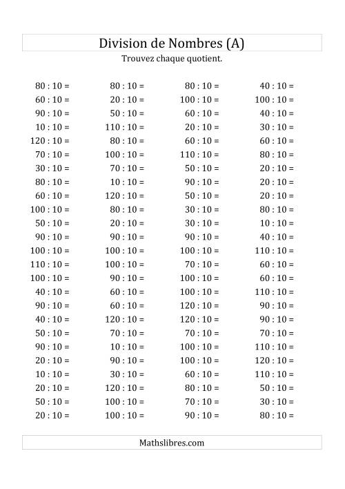 Division de Nombres Par 10 (Quotient 1 - 12) (A)