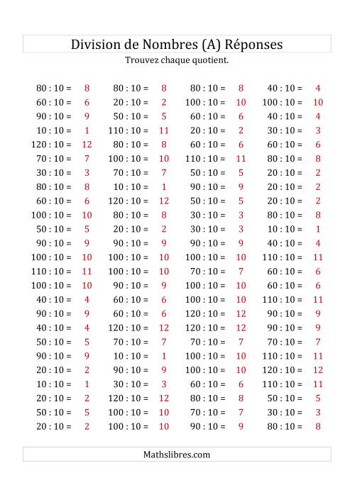 Division de Nombres Par 10 (Quotient 1 - 12) (A) page 2