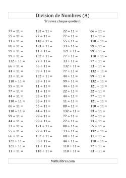 Division de Nombres Par 11 (Quotient 1 - 12)