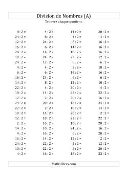 Division de Nombres Par 2 (Quotient 1 - 12)