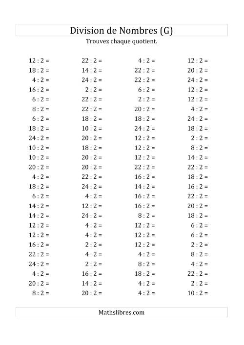 Division de Nombres Par 2 (Quotient 1 - 12) (G)