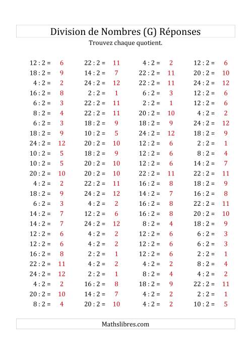 Division de Nombres Par 2 (Quotient 1 - 12) (G) page 2