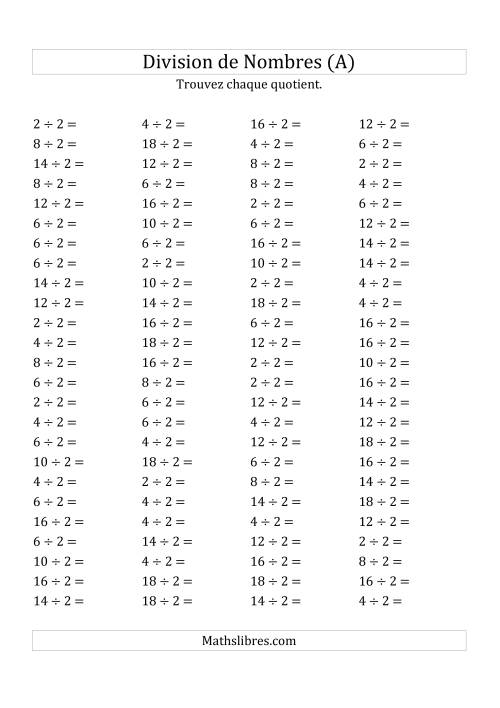 Division de Nombres Par 2 (Quotient 1 - 9) (A)
