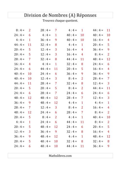Division de Nombres Par 4 (Quotient 1 - 12) (A) page 2