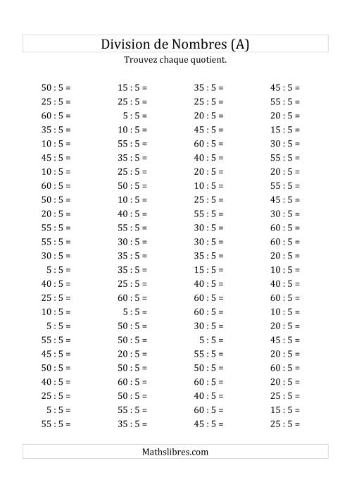 Division de Nombres Par 5 (Quotient 1 - 12) (A)