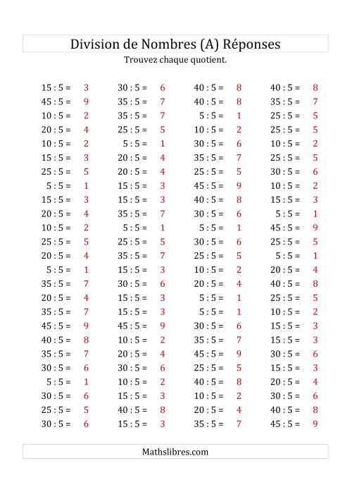 Division de Nombres Par 5 (Quotient 1 - 9) (A) page 2