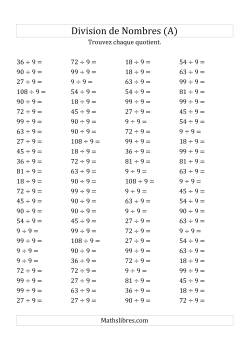 Division de Nombres Par 9 (Quotient 1 - 12)