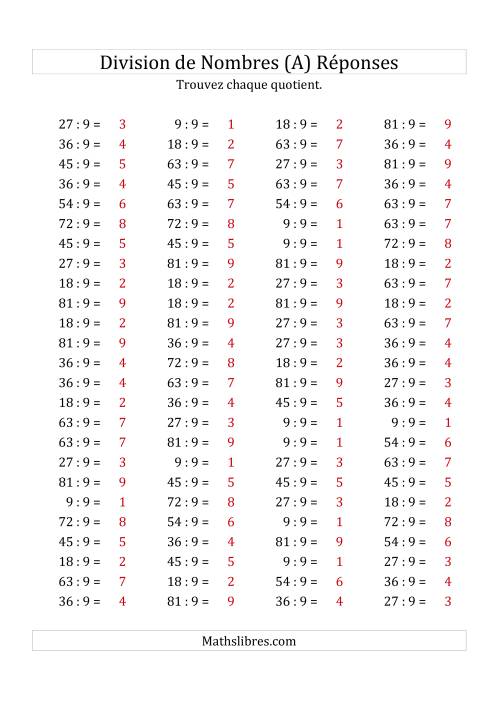 Division de Nombres Par 9 (Quotient 1 - 9) (A) page 2
