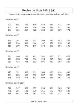 Divisibilité par chiffres 2 à 10 -- 3-chiffres