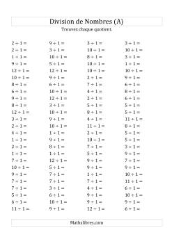 Division de Nombres Par 1 (Quotient 1 - 12)