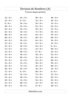 Division de Nombres Par 8 (Quotient 1 - 12)