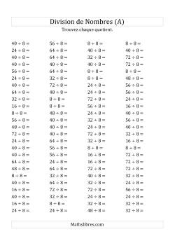 Division de Nombres Par 8 (Quotient 1 - 9)