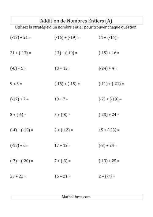 Addition de Nombres Entiers de (-25) à (+25) (Parenthèses sur les Nombres Négatifs) (A)