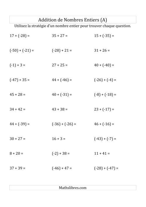 Addition de Nombres Entiers de (-50) à (+50) (Parenthèses sur les Nombres Négatifs) (A)